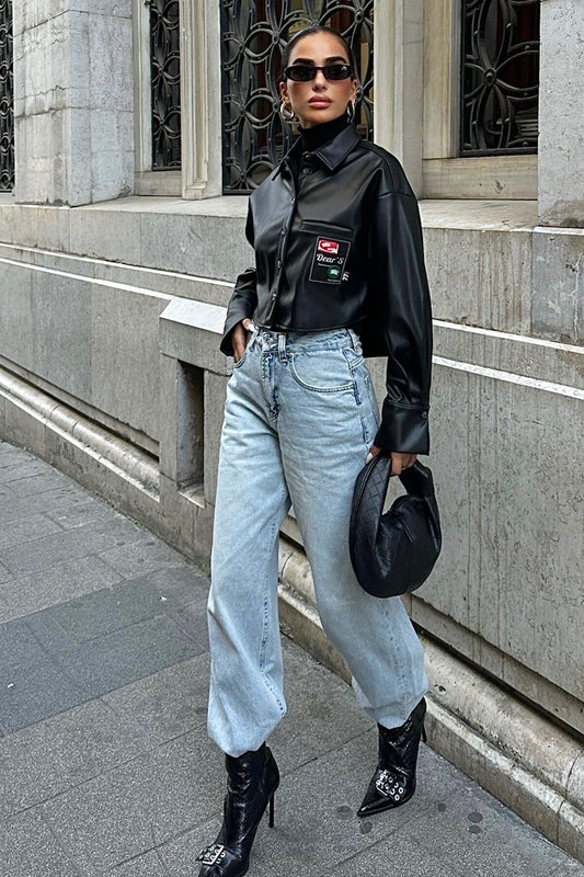 Crest-Embellished Faux Leather Jacket