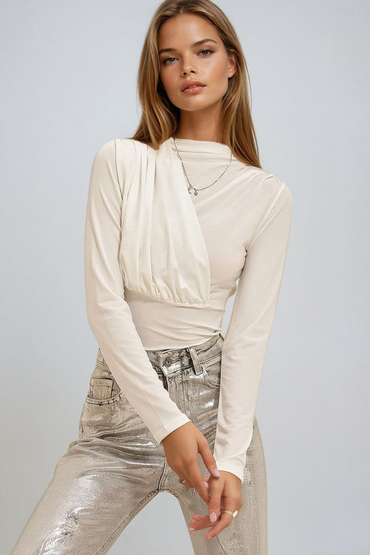 High Collar Draped Snap Fastener Sandy Bodysuit