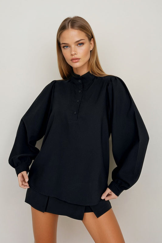 Mandarin Collar Poplin Blouse with Balloon Sleeves
