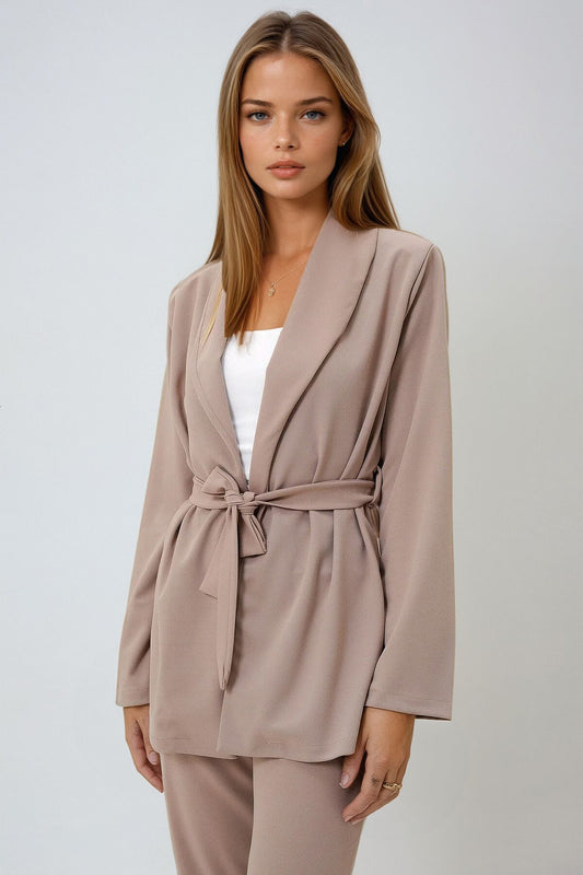 Shawl Collar Self-Belted Jacket and Palazzo Trouser Set