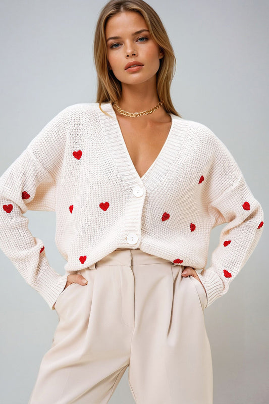Heart Embroidered V-Neck Cardigan