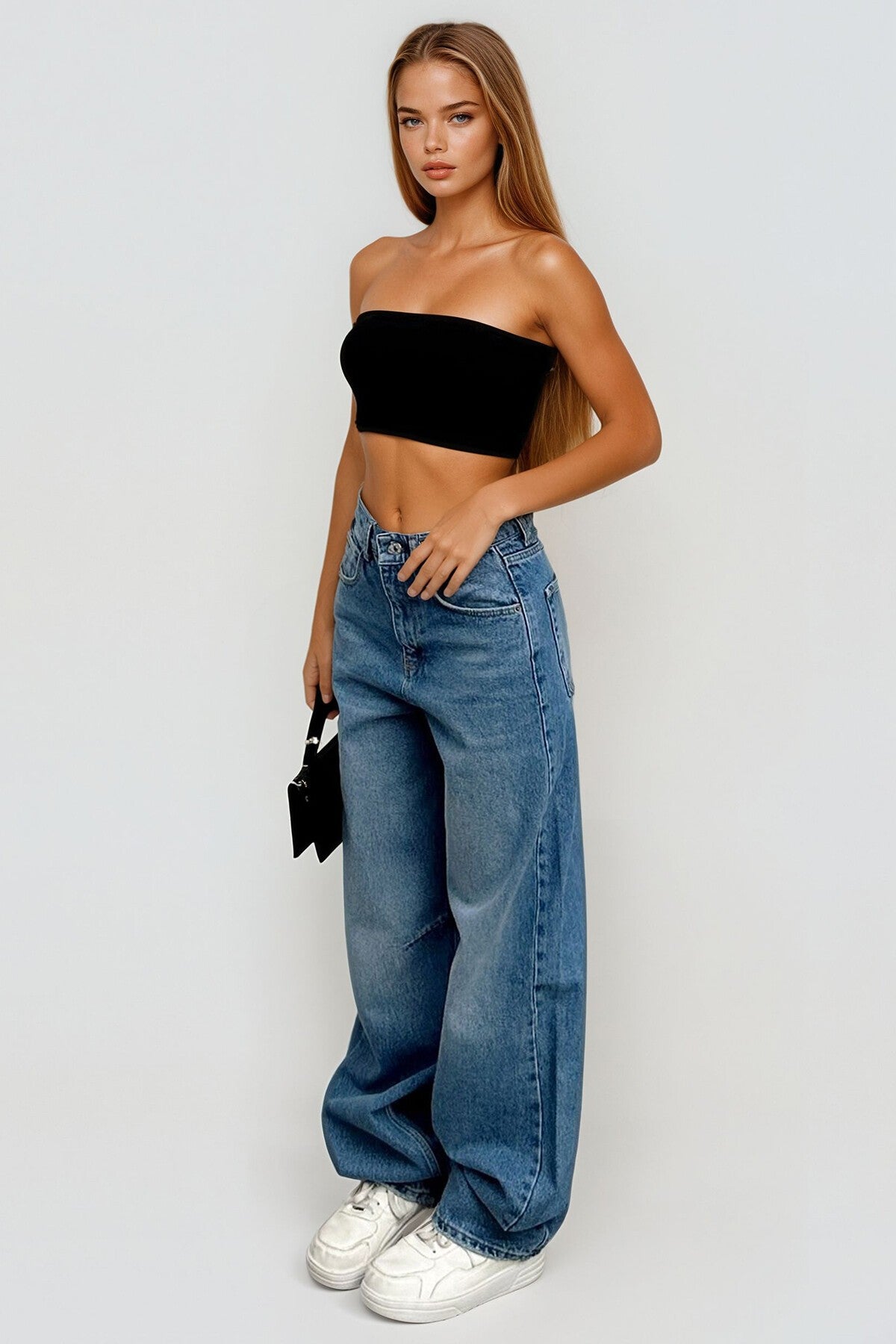 High-Waisted Distressed Baggy Trousers with Belt Detail
