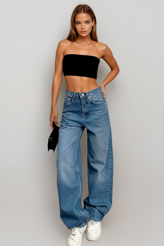 High-Waisted Distressed Baggy Trousers with Belt Detail